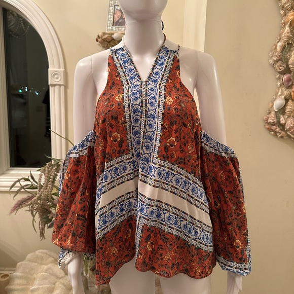 Line & Dot Tops - Line & Dot Orange and Blue Asymmetrical Blouse
